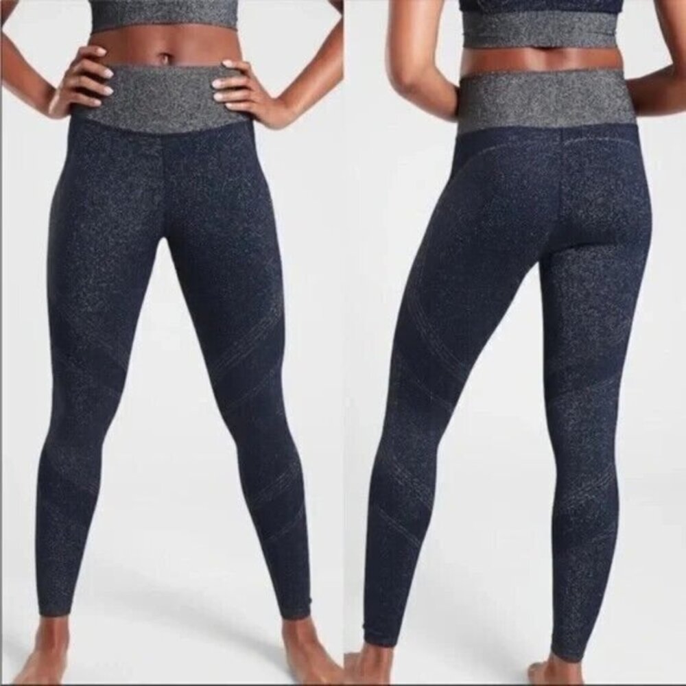 Athleta Twilight Tight Metallic Sparkle Leggings Navy Blue Silver